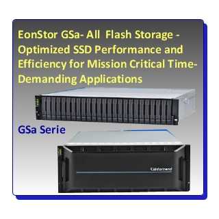 Infortrend - EonStor GSa 2000, single-controller (upgradable to redundant) rackmount 2U/24-bay, all-flash-array, cloud integrated unified storage; 8 GB memory; cache protection: super capacitor+flash; EonCloud Gateway License as optional purchase; host co