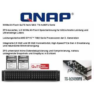QNAP - TS-h2490FU-7232P-64G - NAS-Server - 24 Schächte - Rack - einbaufähig - PCI Express 3.0 x4 (NVMe) RAID 0 1 5 6 10 50 JBOD 60 RAM 64 GB 25 Gigabit Ethernet iSCSI Support
