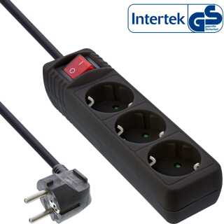 InLine - Steckdosenleiste, 3-fach Schutzkontakt, mit Schalter, schwarz, 3m