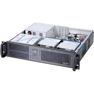 19 Zoll ATX-Industriegehäuse 2HE, schwarz, ohne Netzteil, sehr kurz, 380 mm Einbautiefe, Low Profile,  ATX, 2x ODD, 2x HDD, PS2 für PS/2-Netzteile