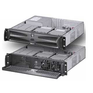 19 Zoll ATX-Industriegehäuse 2HE, schwarz, ohne Netzteil, sehr kurz,  380 mm Einbautiefe, Low Profile,  ATX, 2x ODD, 2x HDD, PS2, Front-Tür