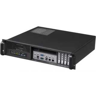 19 Zoll ATX-Industriegehäuse 2HE, schwarz, ohne Netzteil, sehr kurz, 360mm,  ATX, 2x HDD, 1x SSD, PS2, Front-Access, USB3